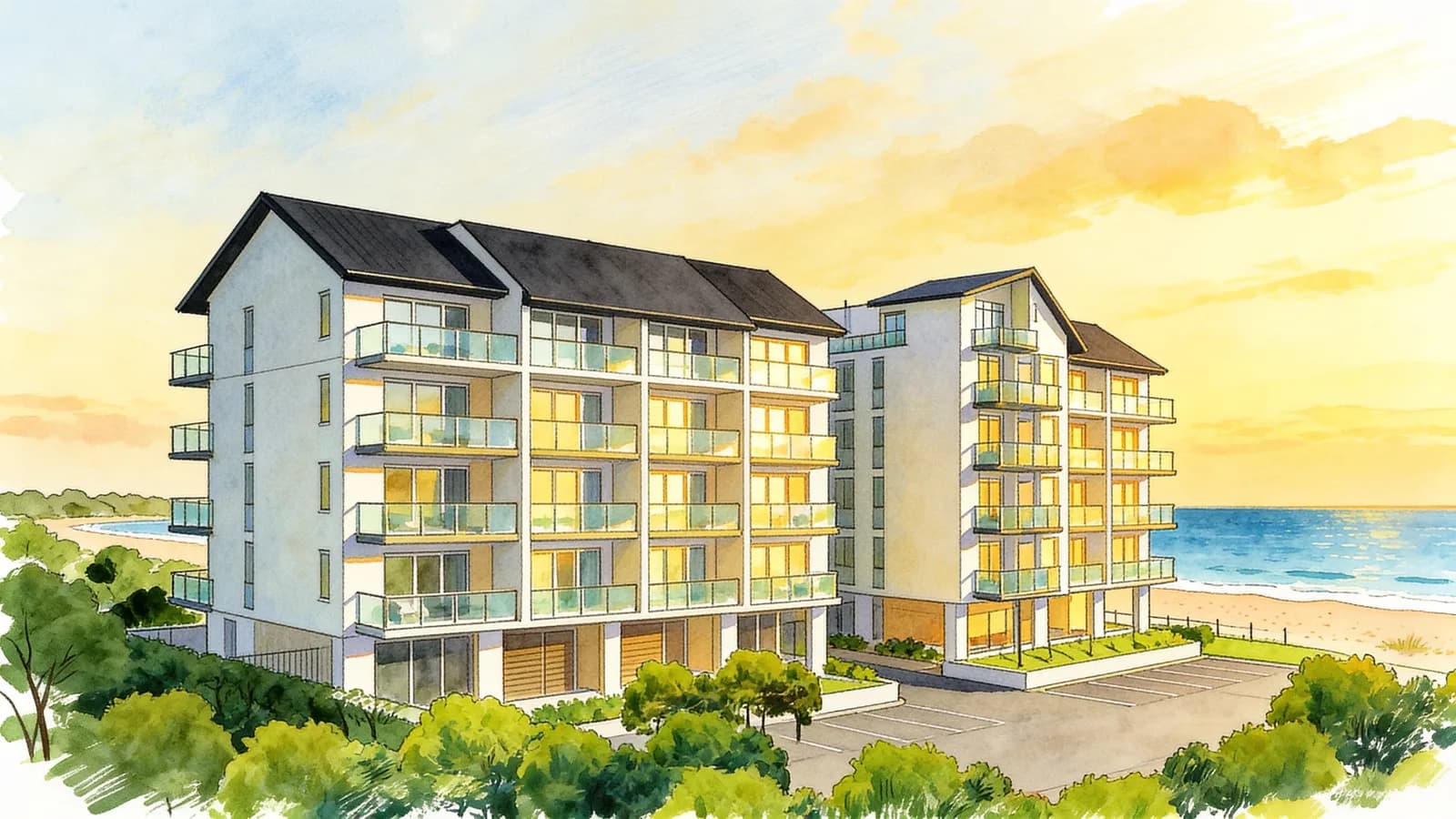 Oceanfront Suites, a 5-storey condominium in Pasir Ris. Illustration is AI-generated.