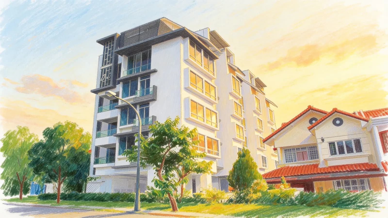 Le Merritt, a 5-storey apartment in Bedok. Illustration is AI-generated.