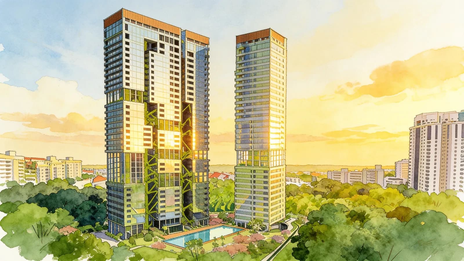 Nouvel 18, a 36-storey condominium in Newton. Illustration is AI-generated.