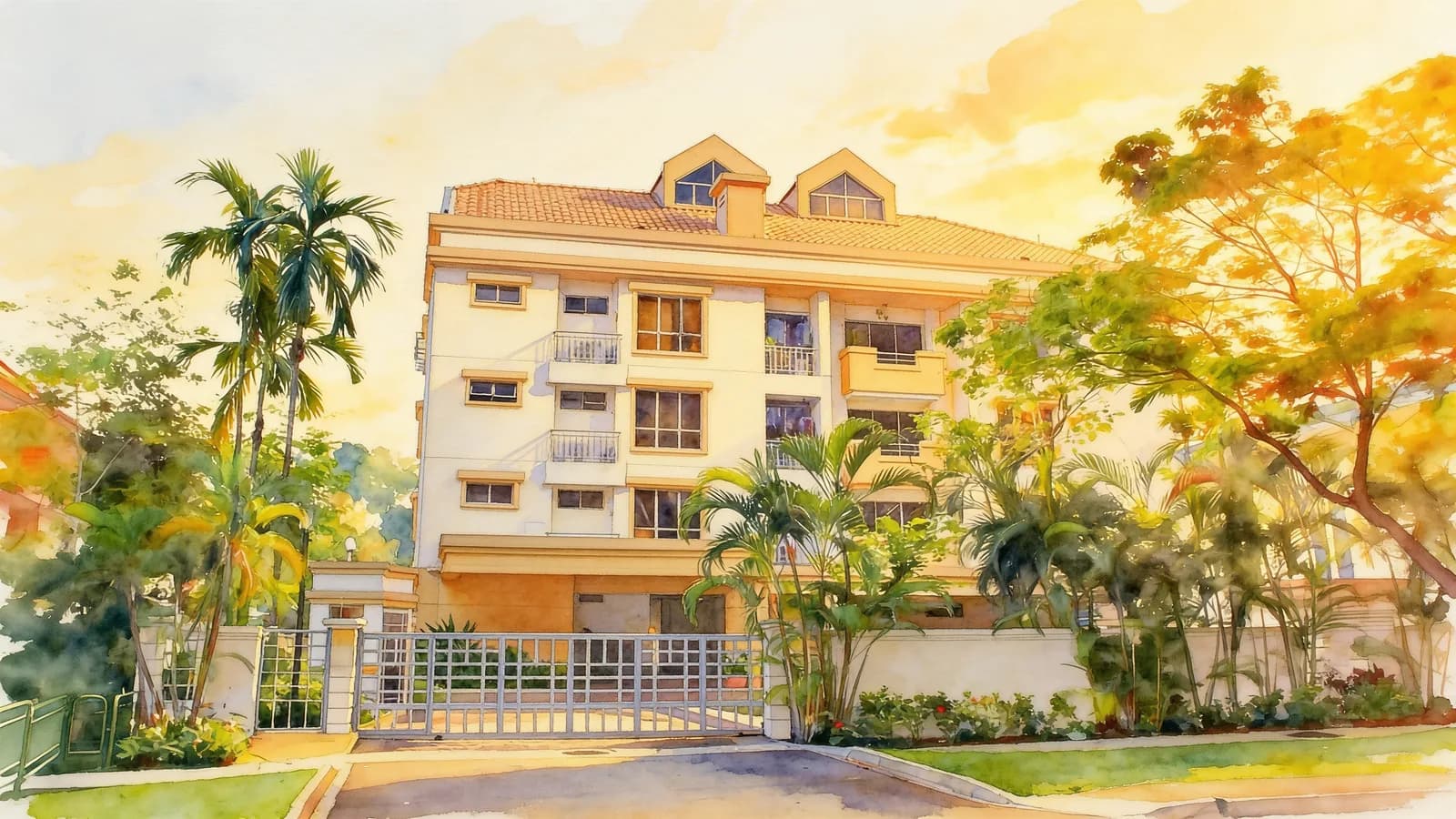 Palm Mansions, an apartment in Queenstown. Illustration is AI-generated.