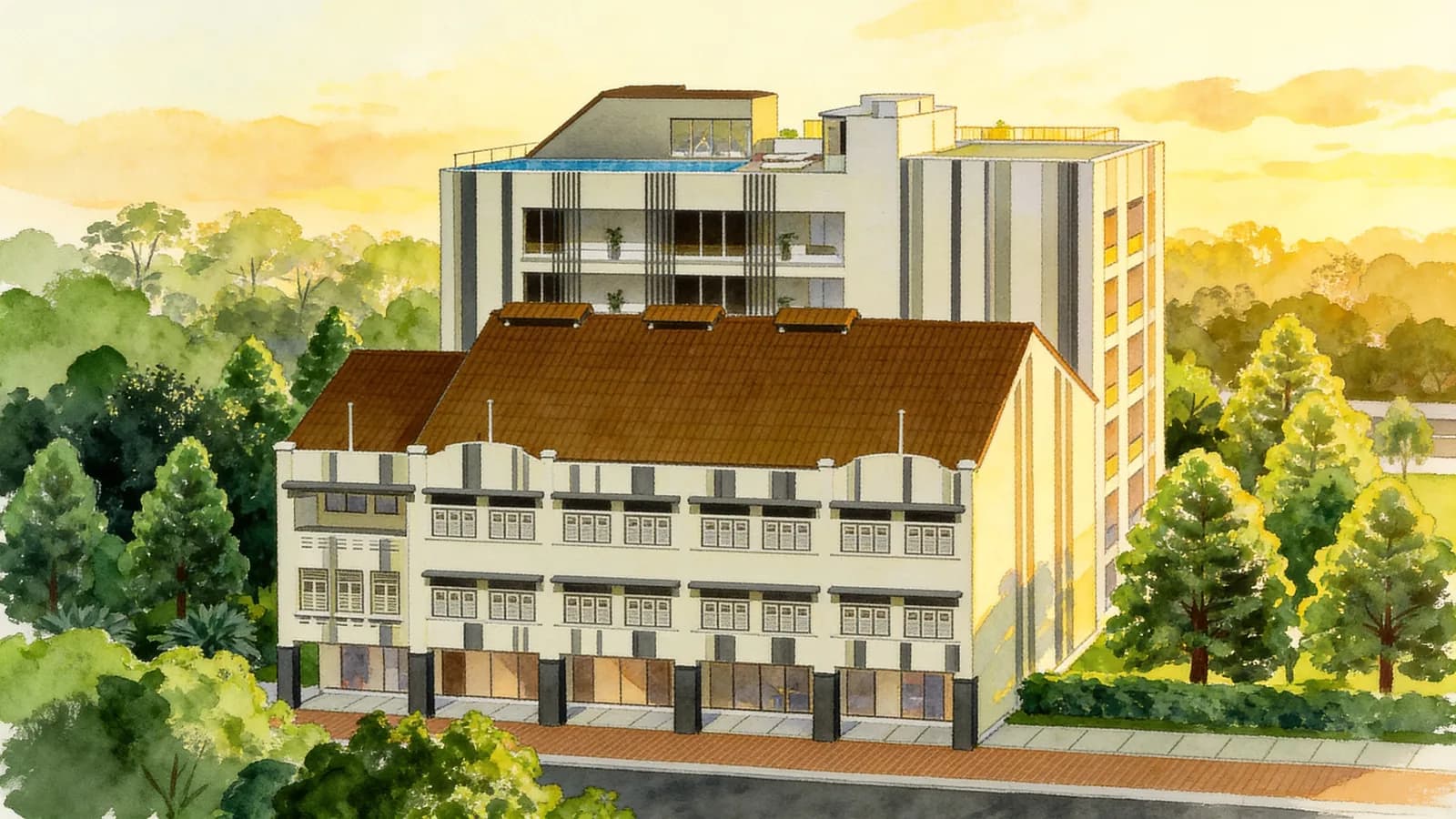 Cavan Suites, a 6-storey apartment in Kallang. Illustration is AI-generated.