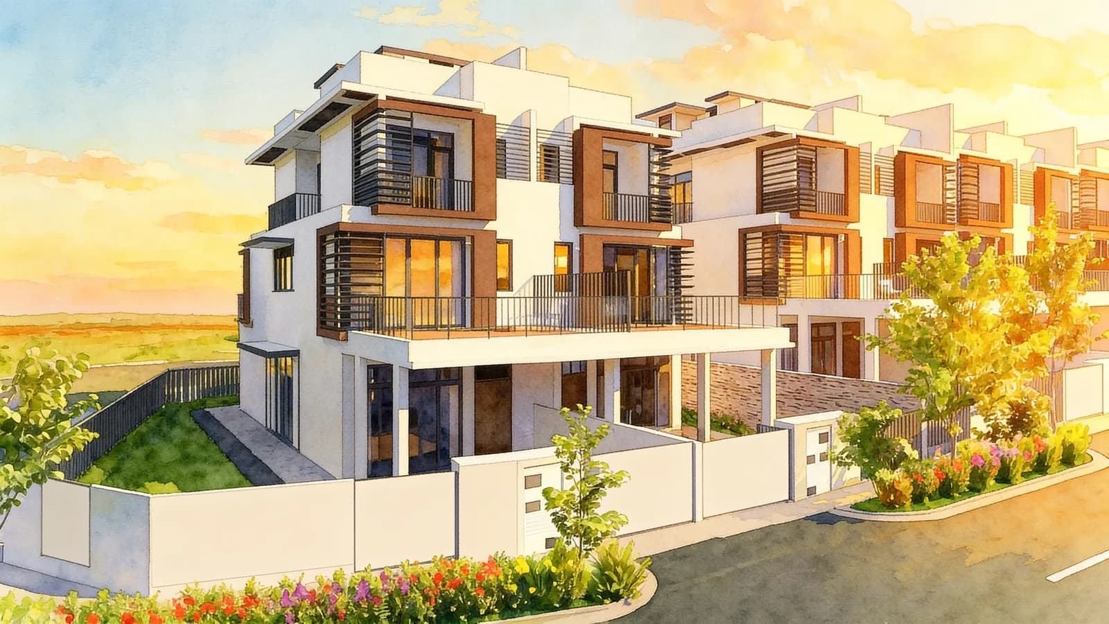 Luxus Hills, a terraced house. Illustration is AI-generated.