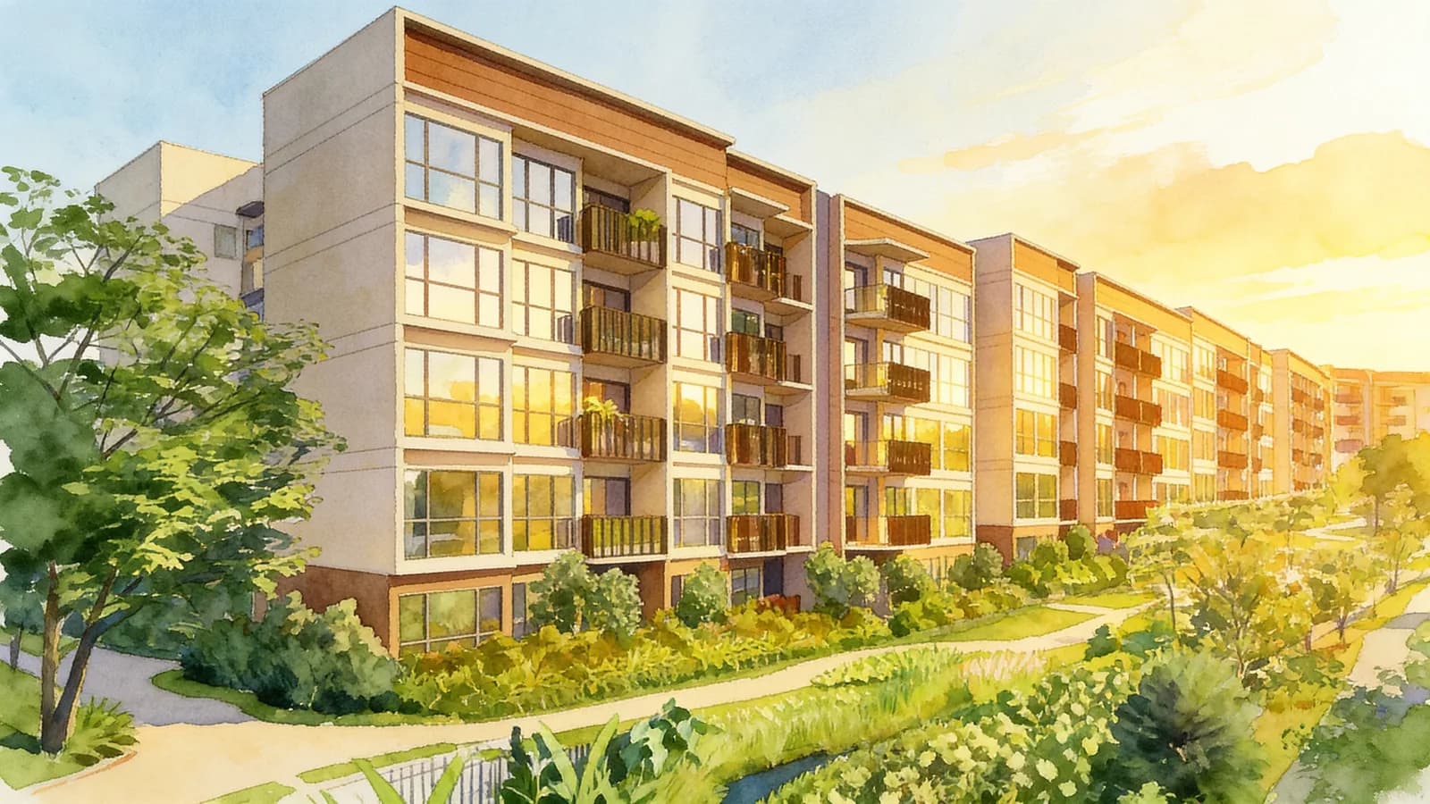 The Watergardens At Canberra, a 5-storey condominium in Sembawang. Illustration is AI-generated.