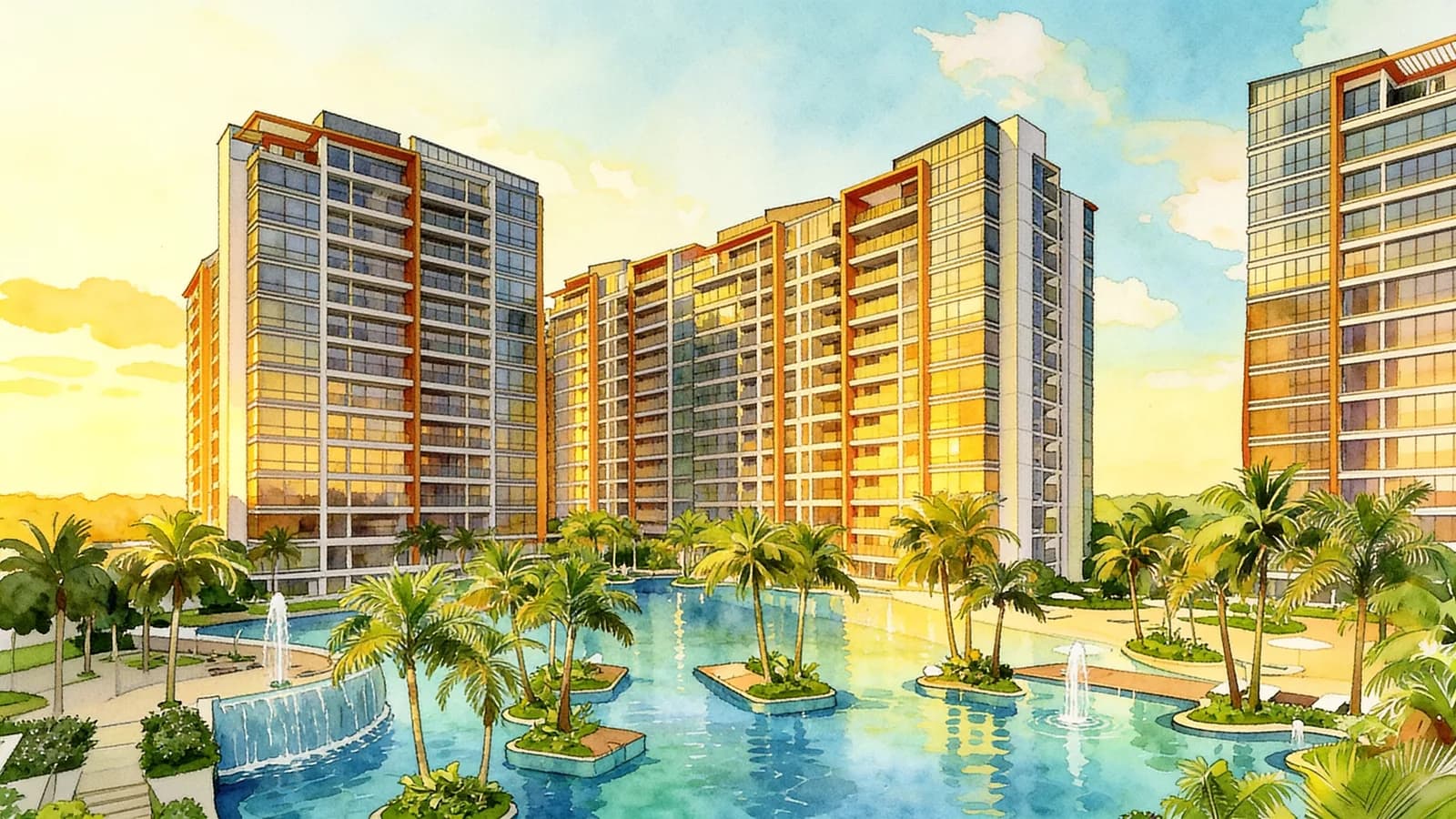 Coco Palms, a 16-storey condominium in Pasir Ris. Illustration is AI-generated.