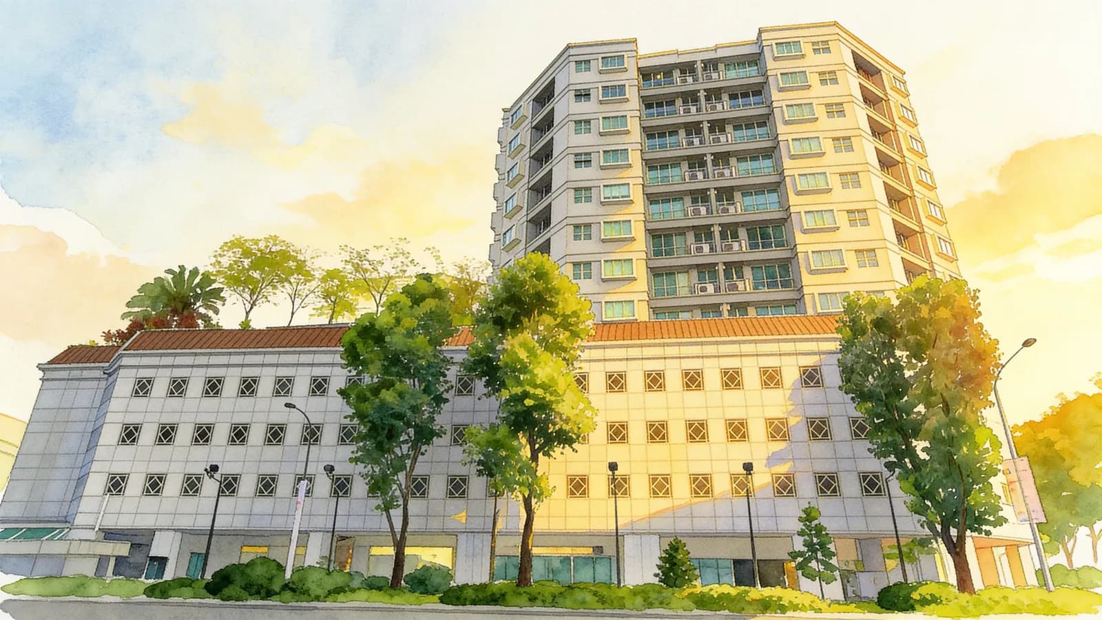 Sunshine Plaza, a 9-storey apartment in Rochor. Illustration is AI-generated.