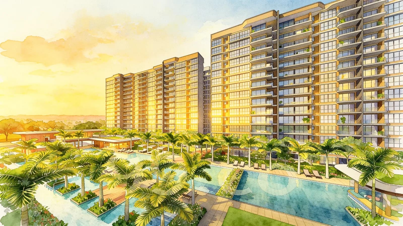 Hundred Palms Residences, a 15-storey executive condominium in Hougang. Illustration is AI-generated.