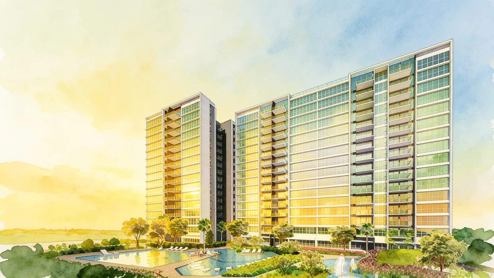 Twin Waterfalls, a 17-storey condominium in Punggol. Illustration is AI-generated.