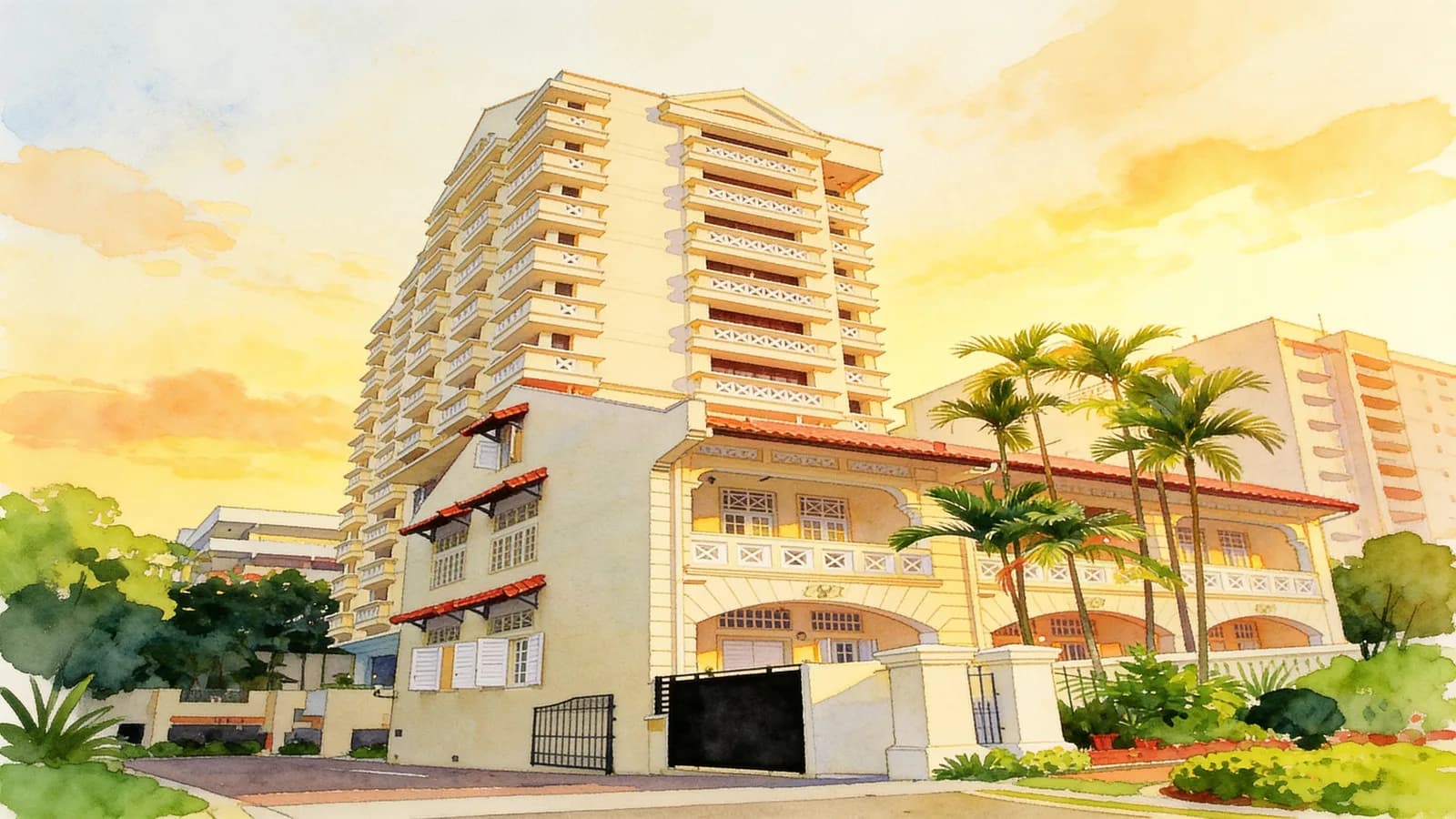 Gambier Court, an apartment in River Valley. Illustration is AI-generated.