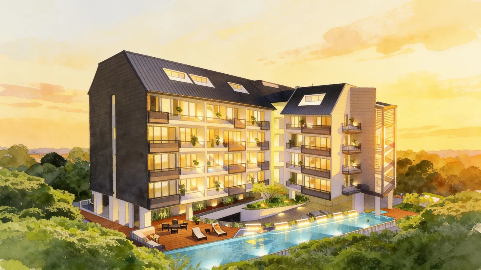 Jool Suites, an apartment in Kallang. Illustration is AI-generated.