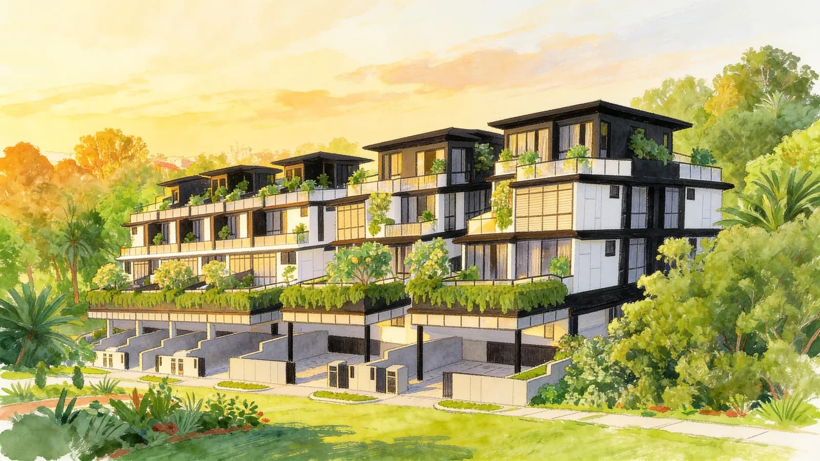 Coasta Villas, a terraced house. Illustration is AI-generated.